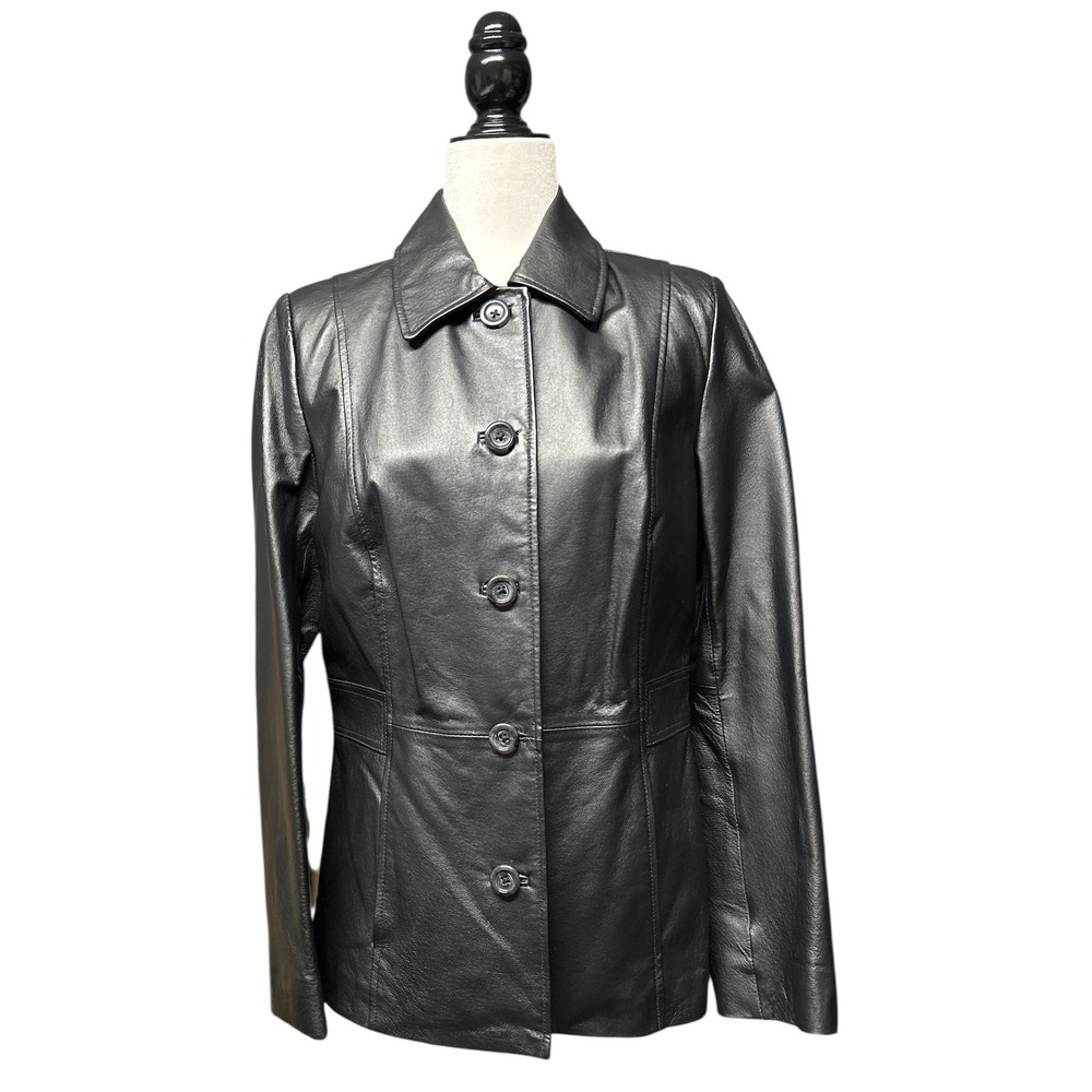 Croft‎ & Barrow Womens Black Leather Button Front Jacket Small Burgundy Lining